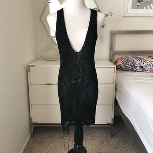 Sexy black deep V-neck knitted tank top dress